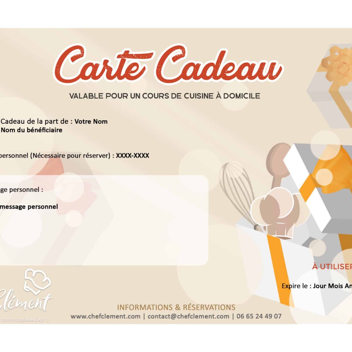 Carte Cadeau - Chef Clément - Valable pour un cours de cuisine à domicile